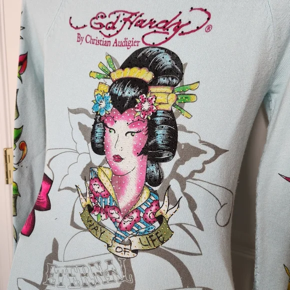 Ed Hardy x Christian Audigier Hooded Sweater Mini Dress Size XS Rhinestone - Picture 6 of 16